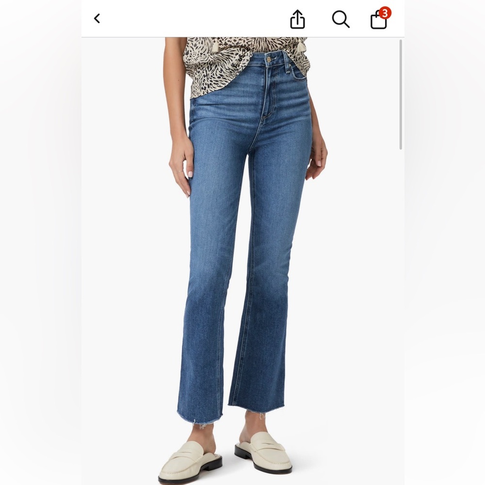 PAIGE Claudine Mid Blue High-Rise Flare Jeans with Raw Hem